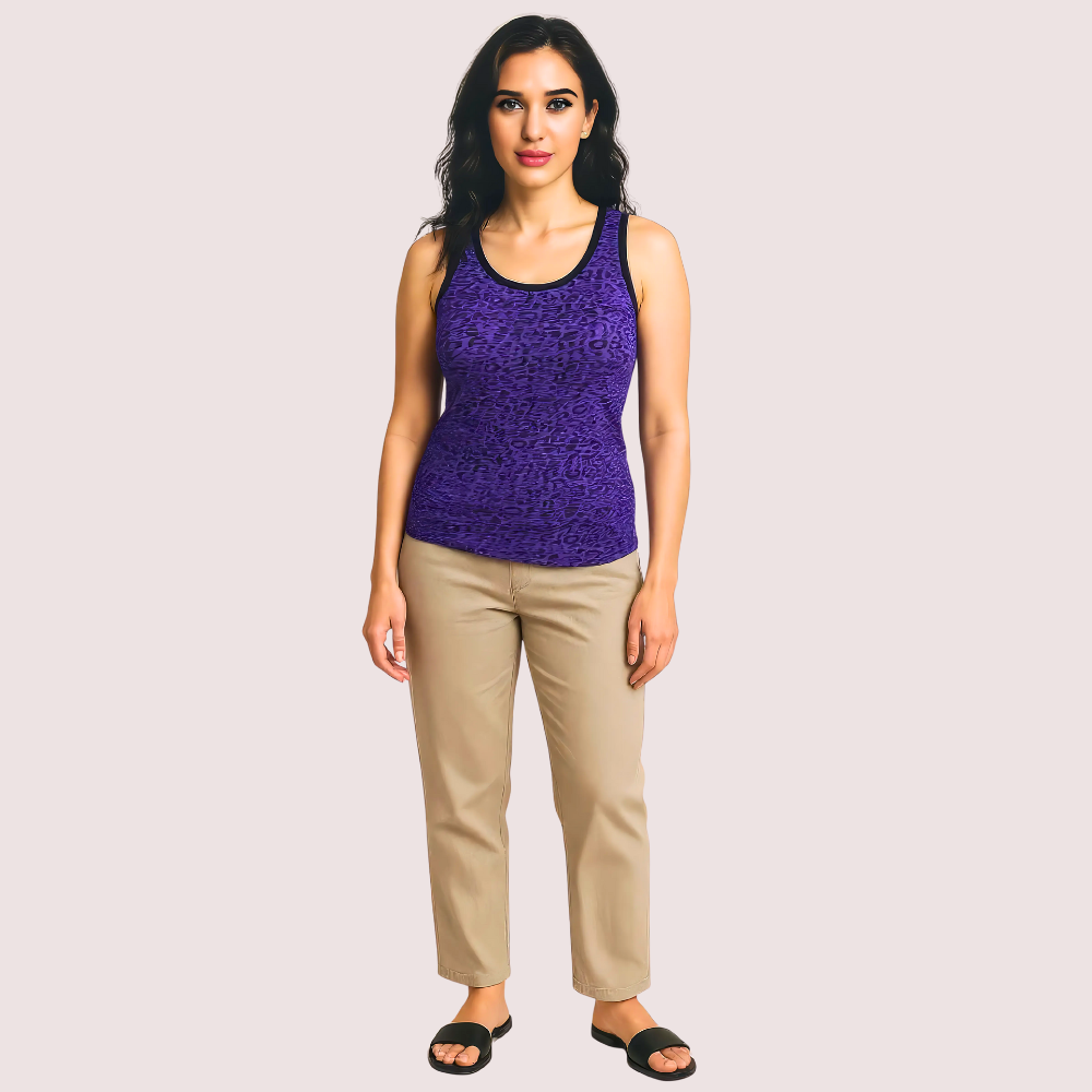 Woman wearing a purple tank top and beige pants on a plain background