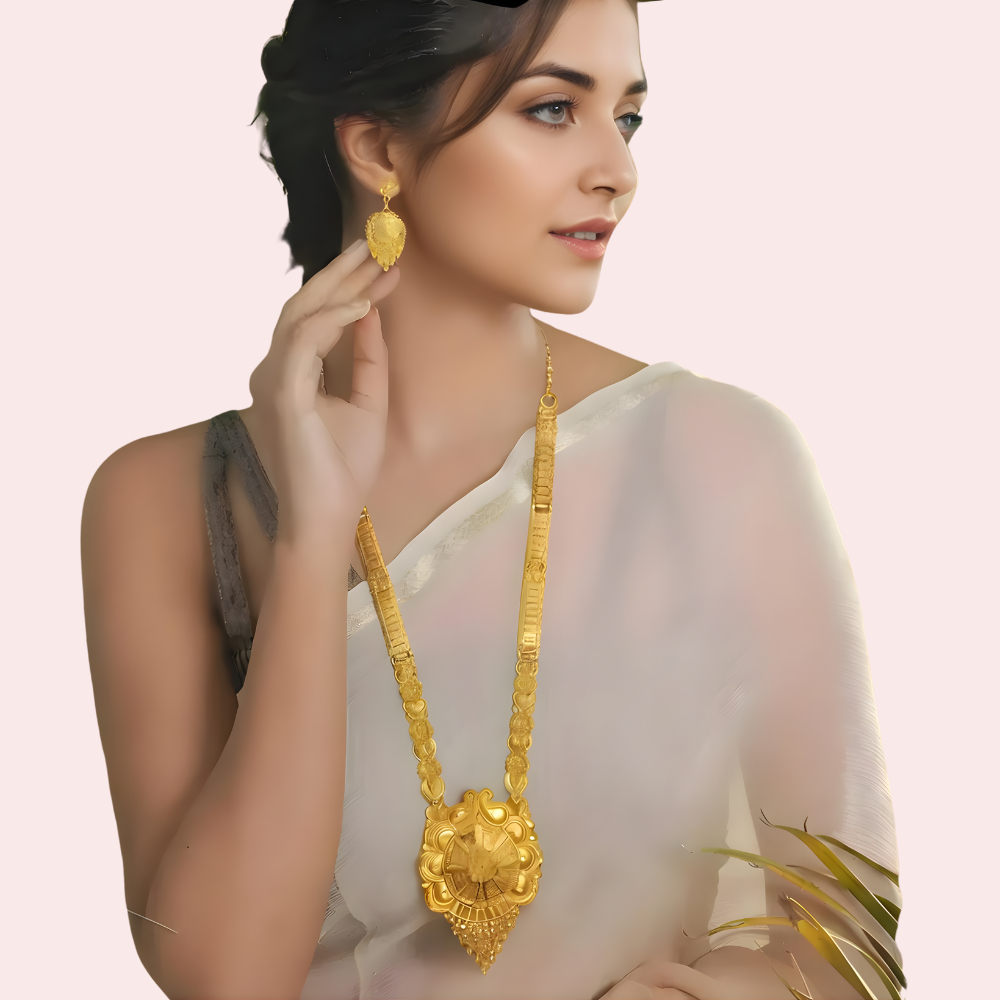 Classic Bridal Gold Long Necklace Set with Pendant, Earrings &amp; Maang Tikka
