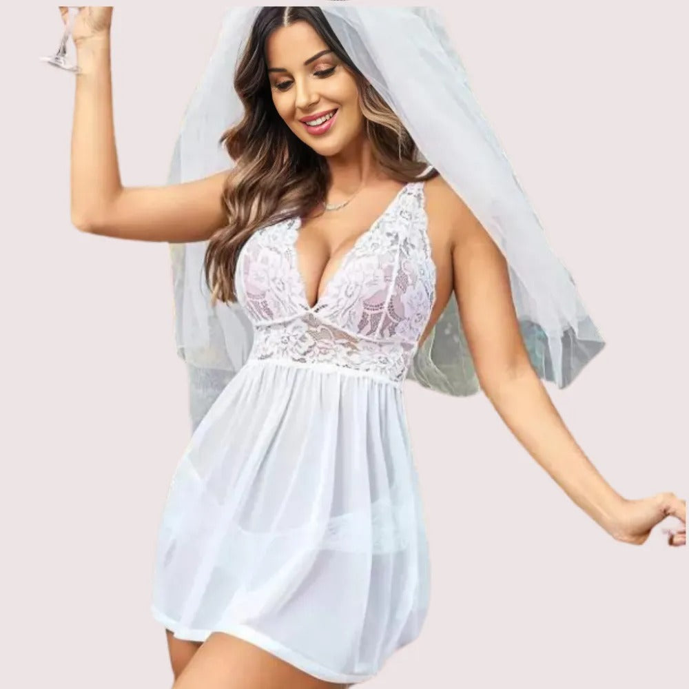 Bridal White Lace &amp; Sheer Babydoll Nightwear