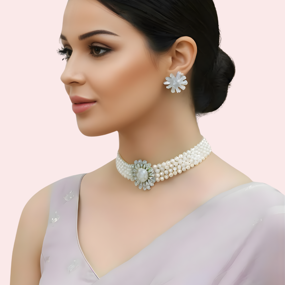 Classic White Pearl Choker Necklace &amp; Floral Earrings Set