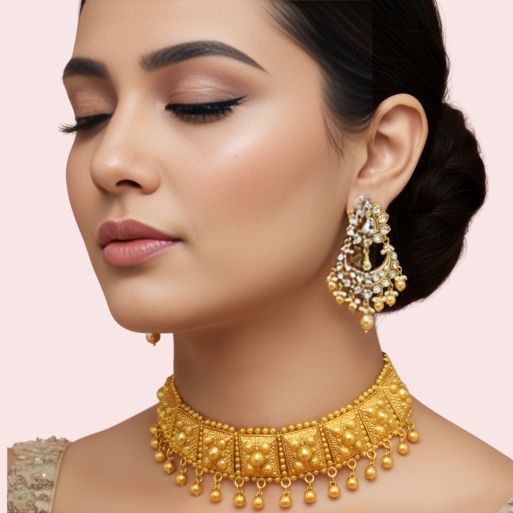 Royal Kundan-Style Gold-Plated Pearl Drop Choker Necklace